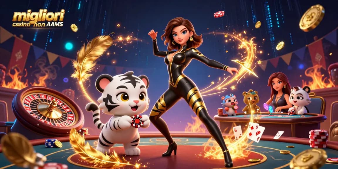 Illustrazione dei migliori casino non AAMS con una donna in tuta da gatto e una tigre con un chip da poker in un vivace casino.