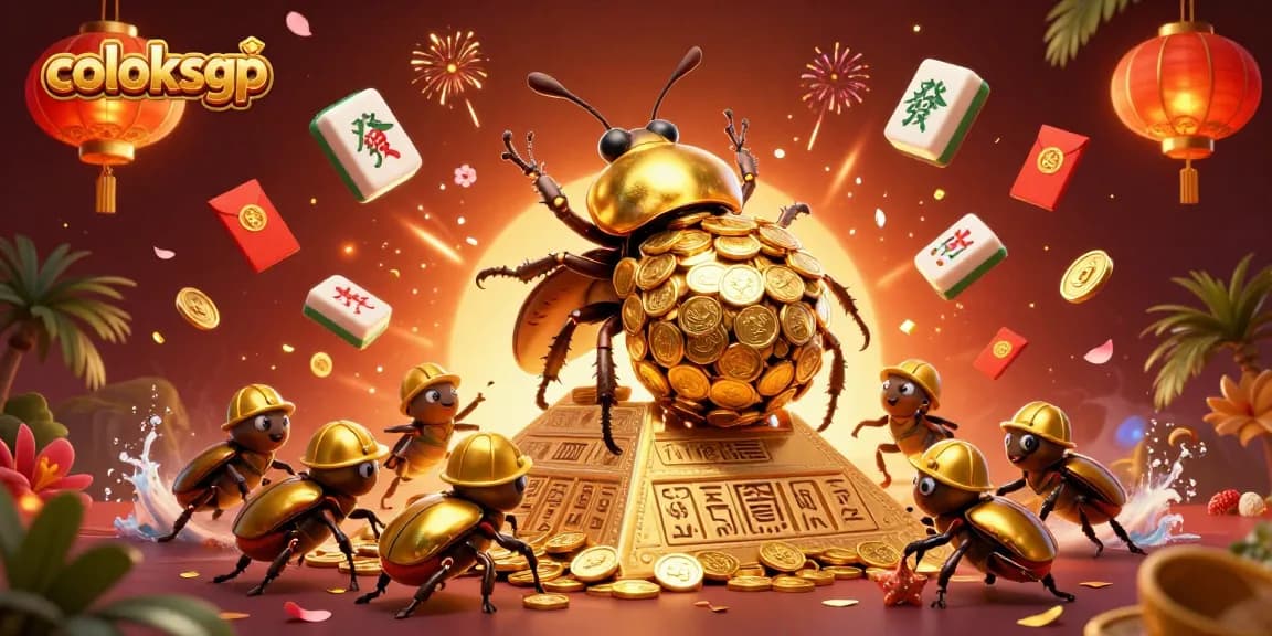 Engage in exciting betting with coloksgp featuring a golden beetle rolling coins at a shining pyramid.