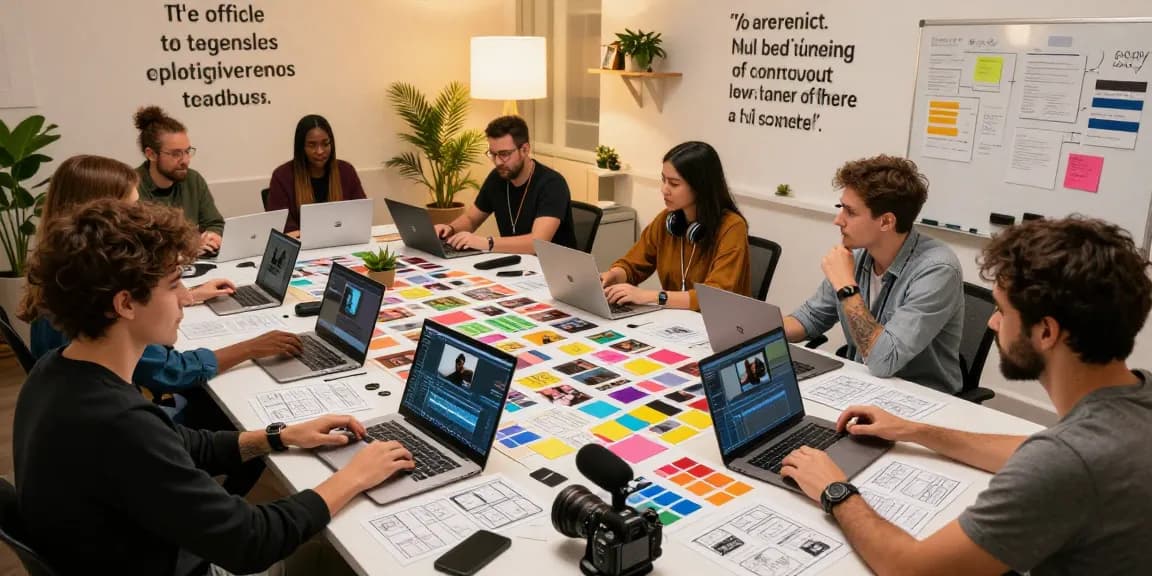 Creative professionals collaborating in a dynamic media source production studio.