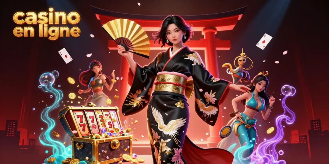 Découvrez le divertissement au casino en ligne avec une élégante femme asiatique dans une scène de jeu vibrante.