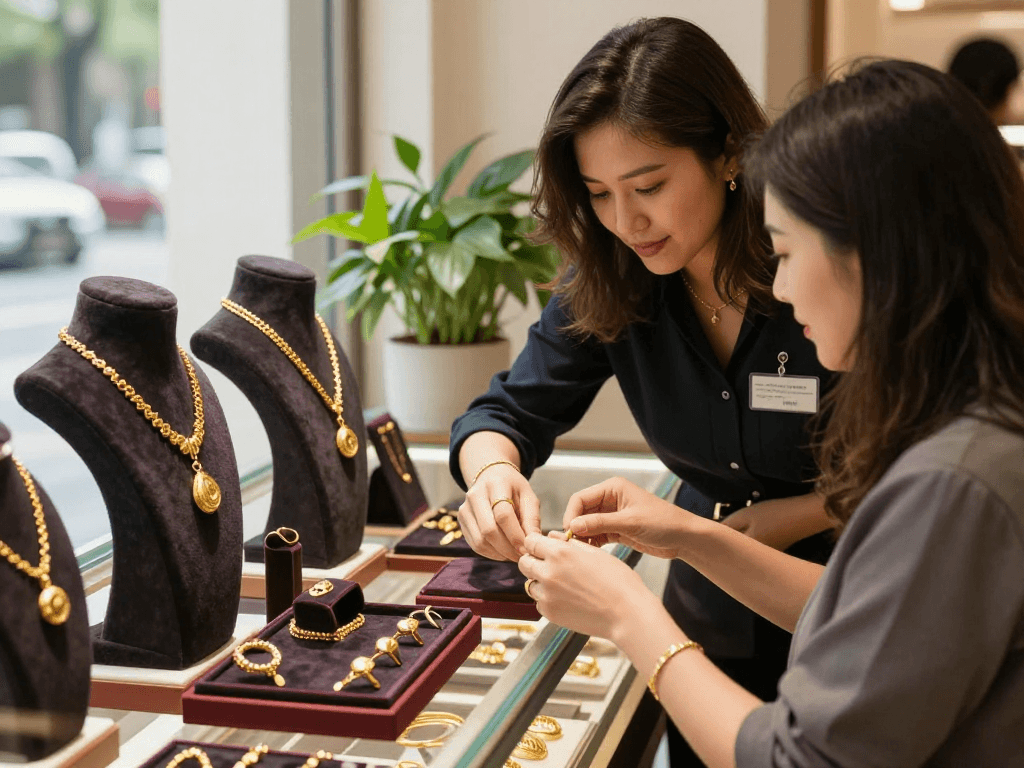 Explore https://bahraingoldprices.com/ with a jewelry expert showcasing elegant 24K gold pieces.