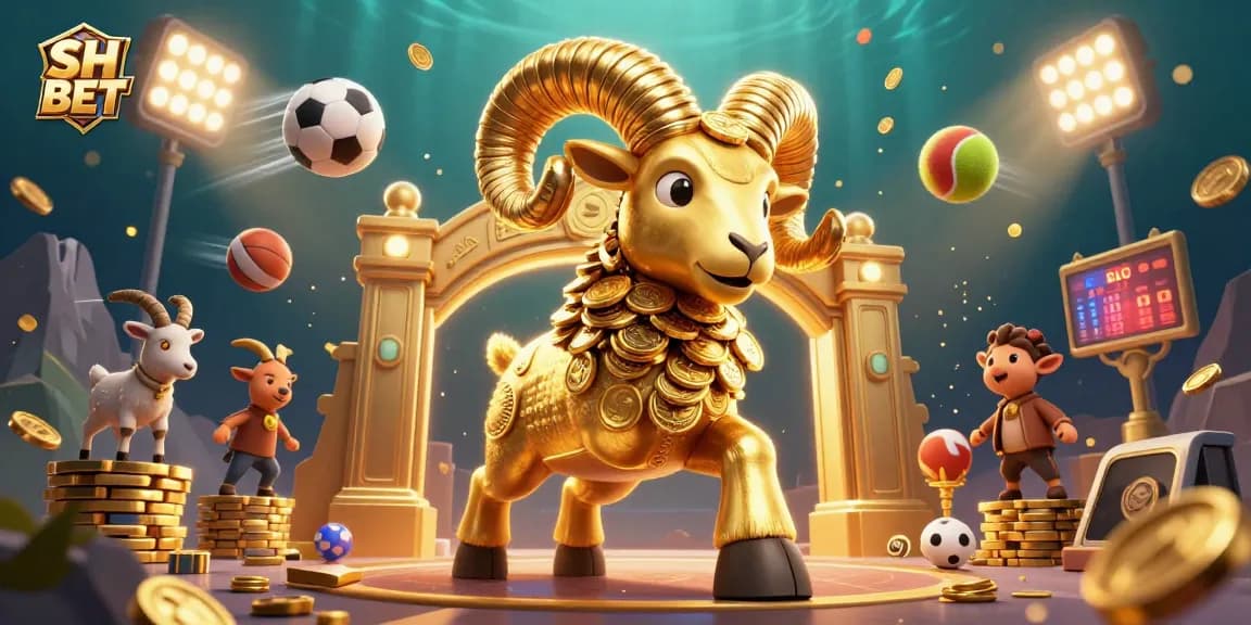 Engage in thrilling games at SH BET with a dynamic illustration showcasing gold coins, prizes, and sports elements.