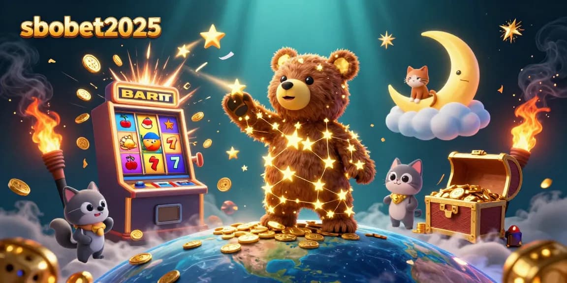 Experience thrilling wins with sbobet2025 in this vibrant casino scene featuring lucky symbols and characters.