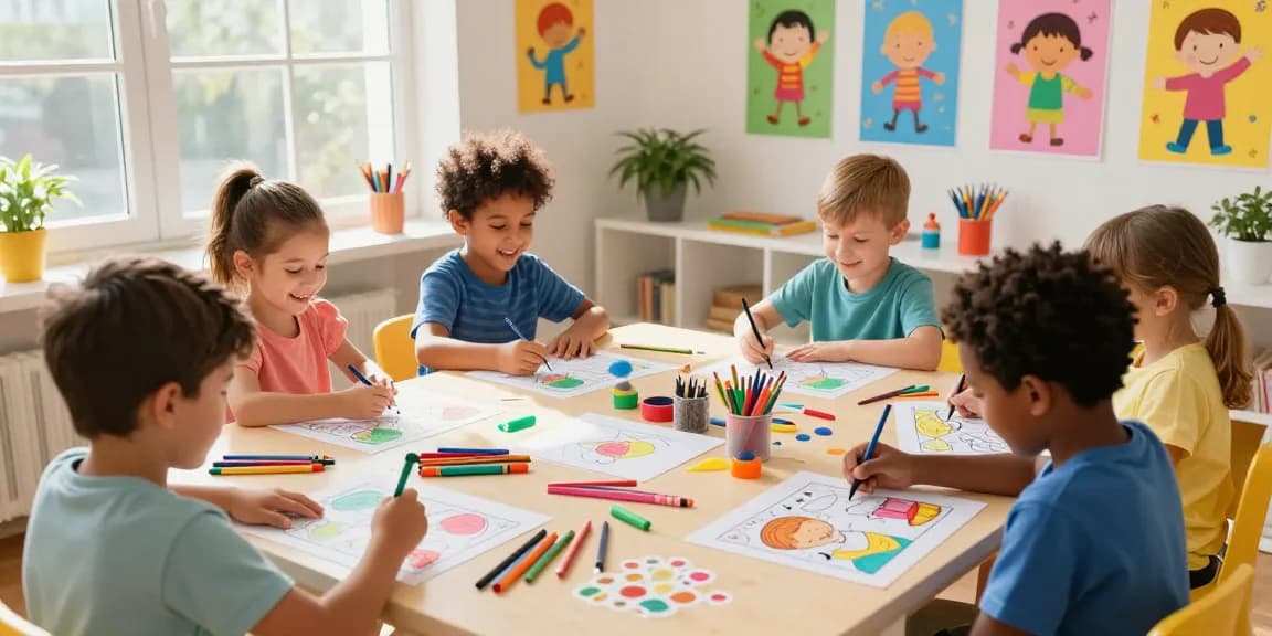 Kids enjoying fun coloring activities with pages for kids in a bright art studio.