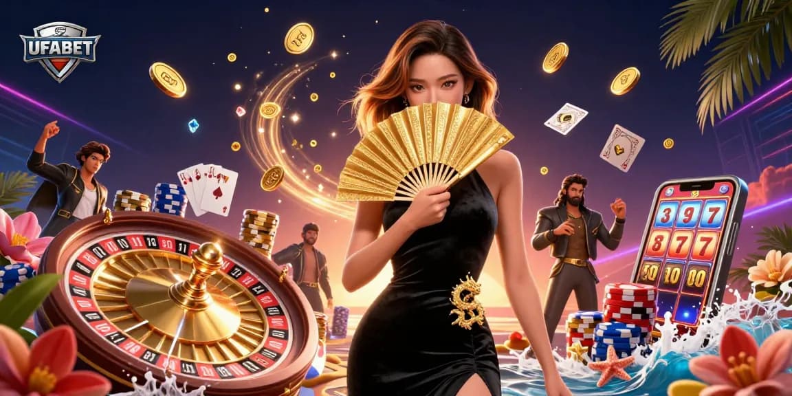 Experience UFABET with an exquisite Asian dealer amidst dynamic casino elements featuring golden coins and slot machines.