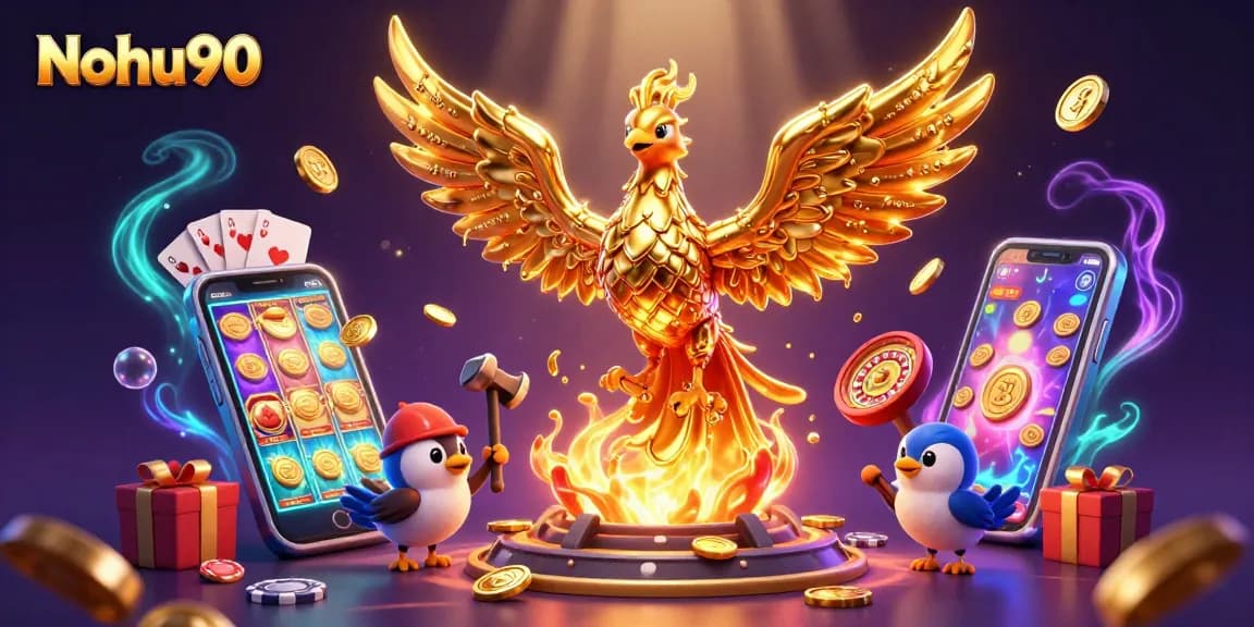 Nohu90's vibrant casino scene featuring a molten phoenix and dynamic slot game elements.