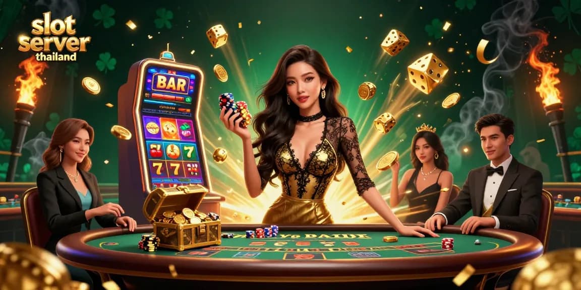 Experience excitement at slot server thailand with a glamorous player and jackpot symbols bursting through.