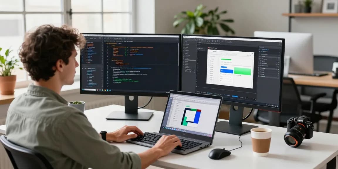 Dynamic workspace featuring telegraimin.com development setup with dual monitors and coding displays.