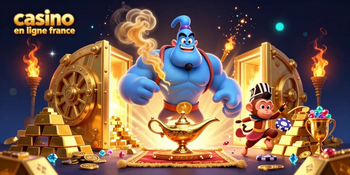 Jouez aux jeux de casino en ligne France avec une illustration de génie colorée et des richesses scintillantes