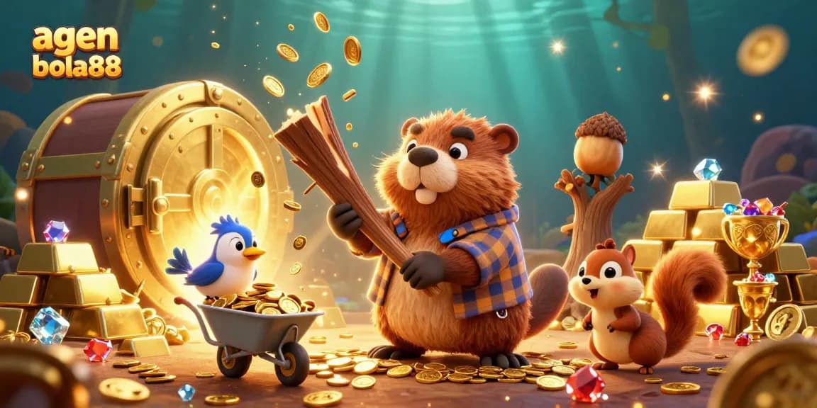 Experience the thrill of betting with agen bola88 as cartoon characters stack gold and treasures.