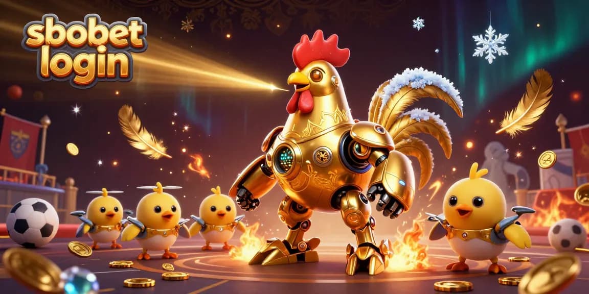 Engage with sbobet login for dynamic sports betting experiences, featuring golden rooster robot and baby chick drones.