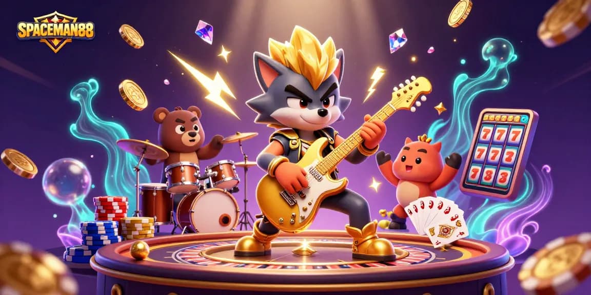 SPACEMAN88 offers thrilling casino action with a vibrant scene of a rock star wolf and drummer bear performing amidst flying coins and gaming elements.