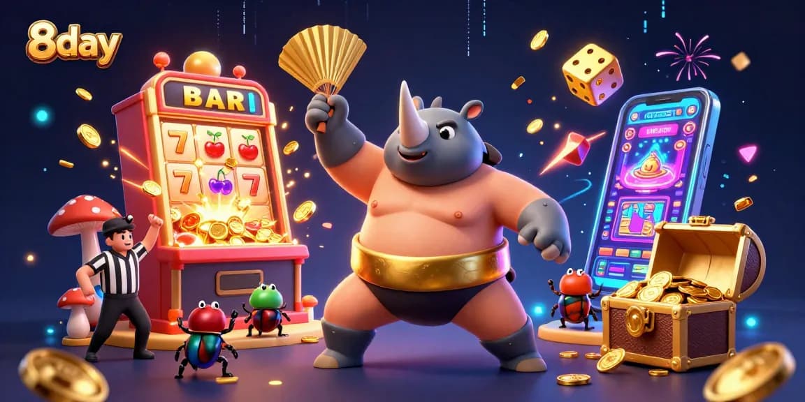 Experience 8day's thrilling casino action with a lively slot jackpot scene and fun 3D characters.