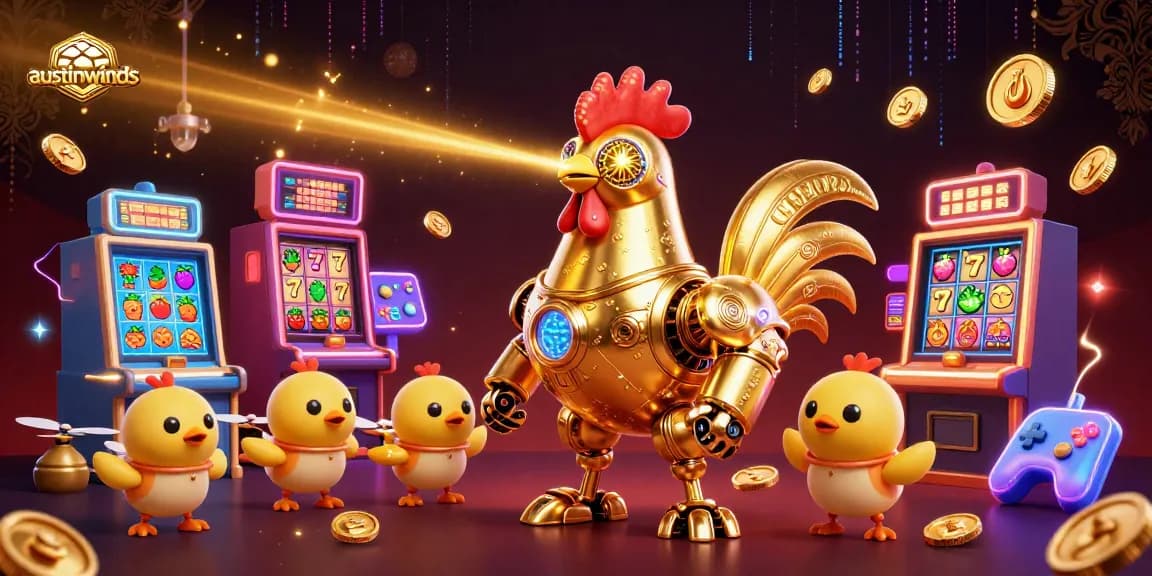 Engage with the austinwinds gaming experience featuring dynamic slot machines and a retro-futuristic golden rooster robot.