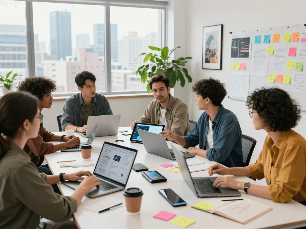 Diverse team brainstorming AI-driven projects with technology and creativity in a modern office, showcasing innovative collaboration and engagement.