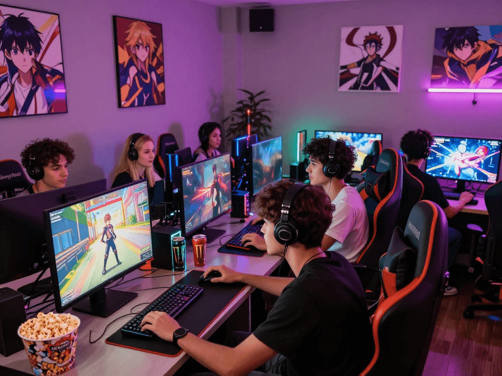 Engaged gamers playing a popular hentai game in a vibrant lounge setting.