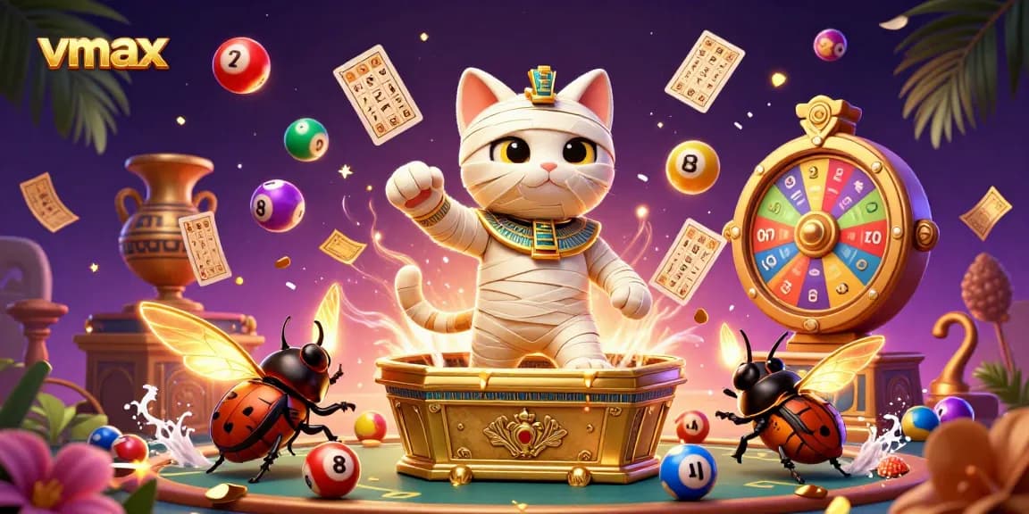 Engaging gaming action at vmax, featuring a vibrant casino scene with a mummy cat, lottery balls, and thrilling elements.