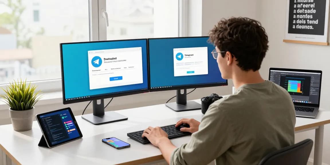 Download Telegram China free download in a sleek tech workspace with monitors.