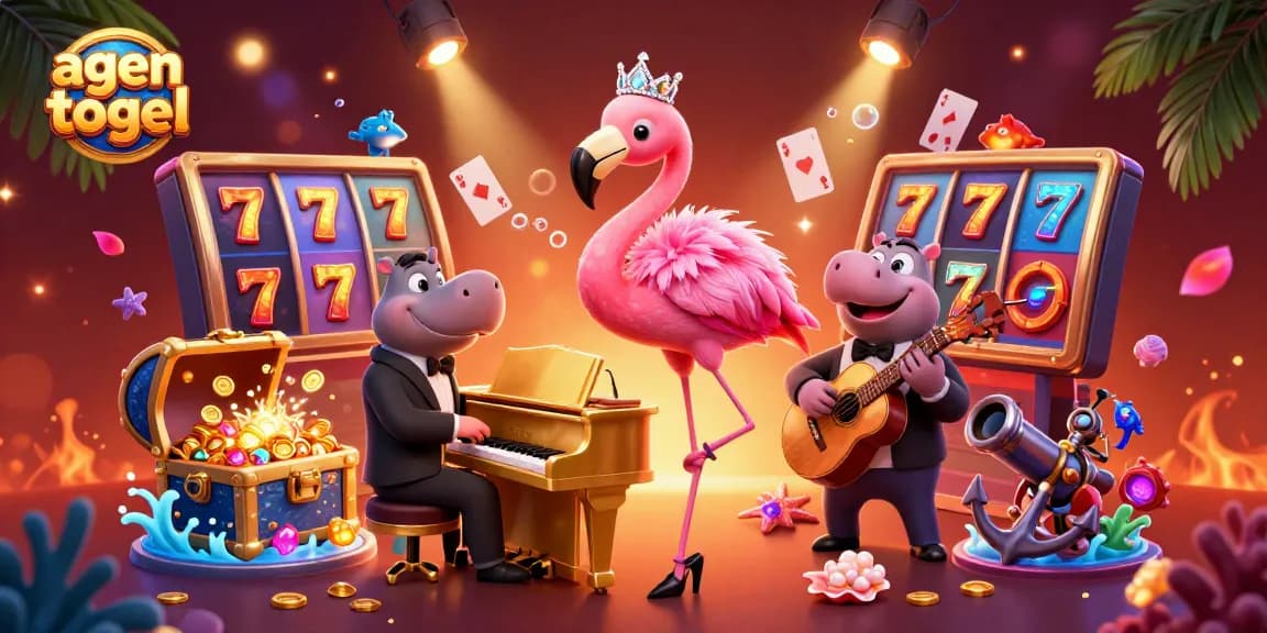 Experience thrilling agen togel action with golden slot reels and lively characters in an artistic casino scene.