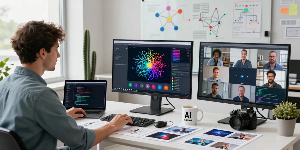 AI image checker interface in a modern tech workspace, showcasing image analysis tools and data.