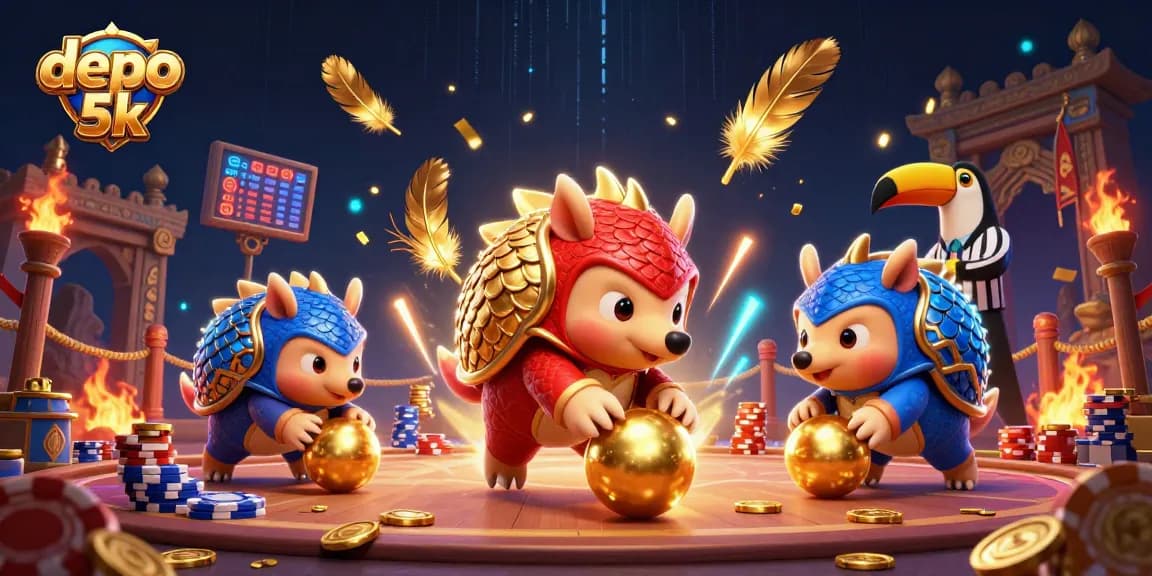 Experience exciting gameplay in depo 5k with rival pangolins bowling through poker chips amidst vibrant casino elements.