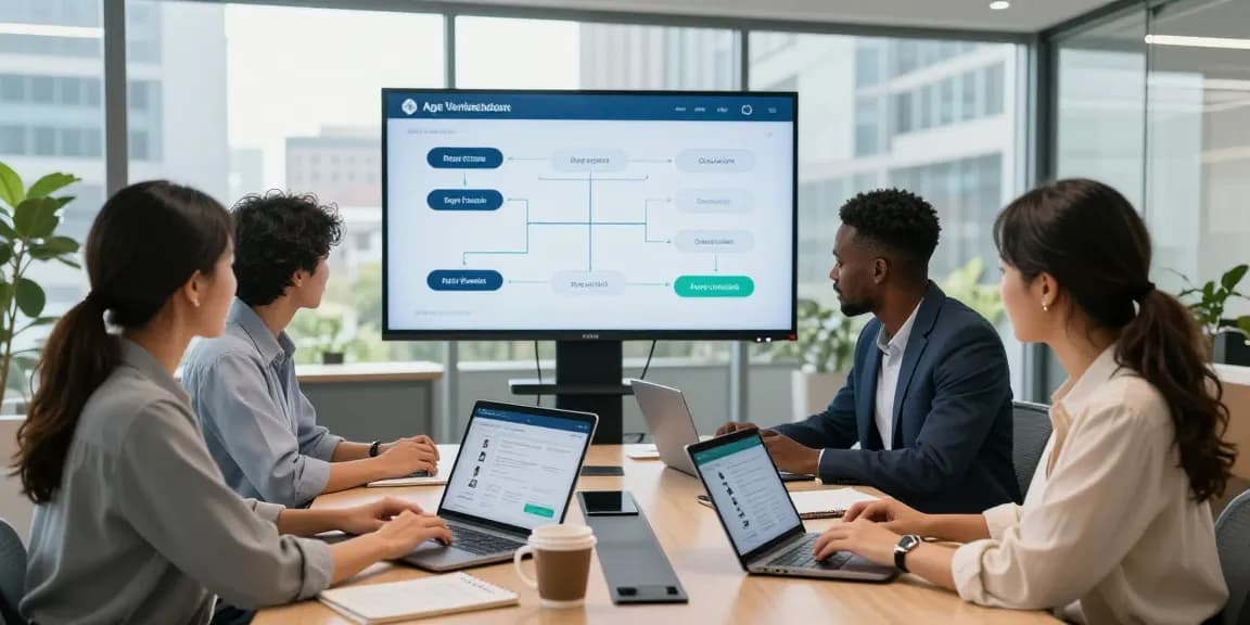 Collaboration on an age verification system in a modern office with diverse professionals using technology.