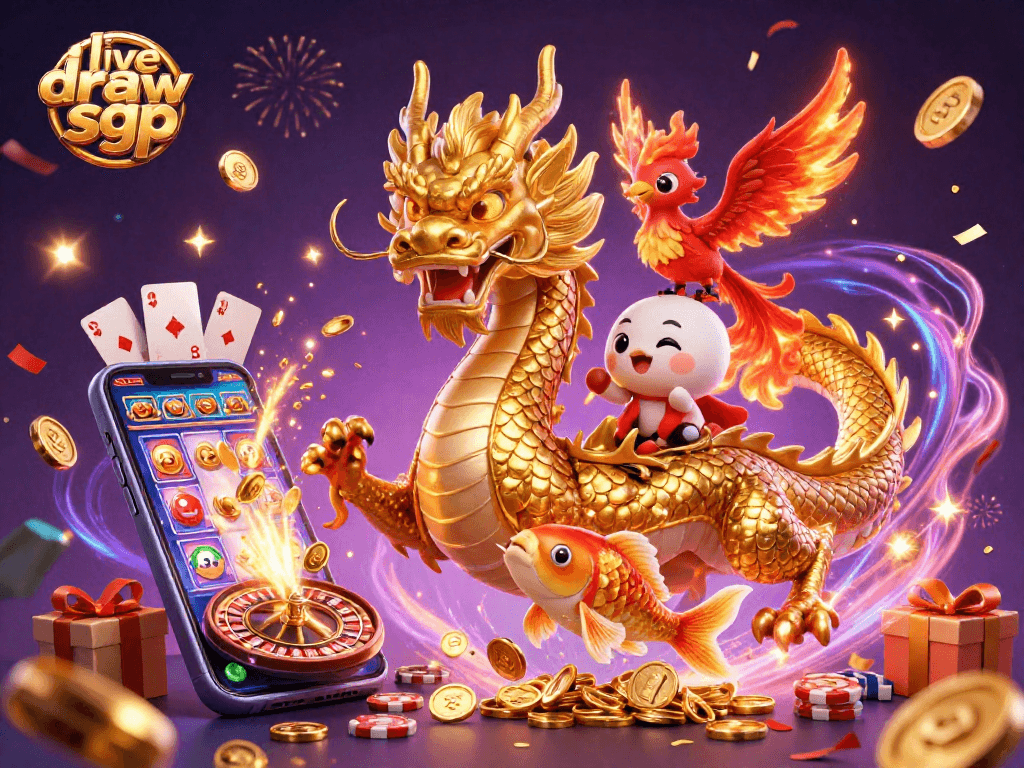 Menampilkan live draw sgp dengan naga emas megah dan ikan koi beruntung yang melompat di atas tumpukan koin.