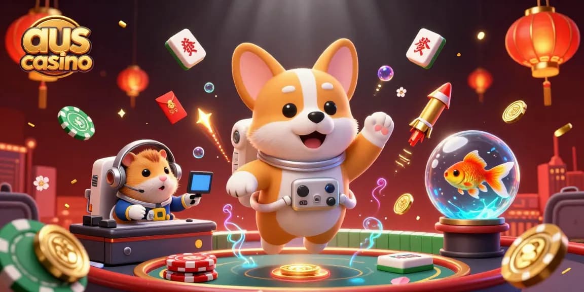 Engaging scene featuring aus casino characters: a floating corgi, hamster, and goldfish amid colorful game elements.