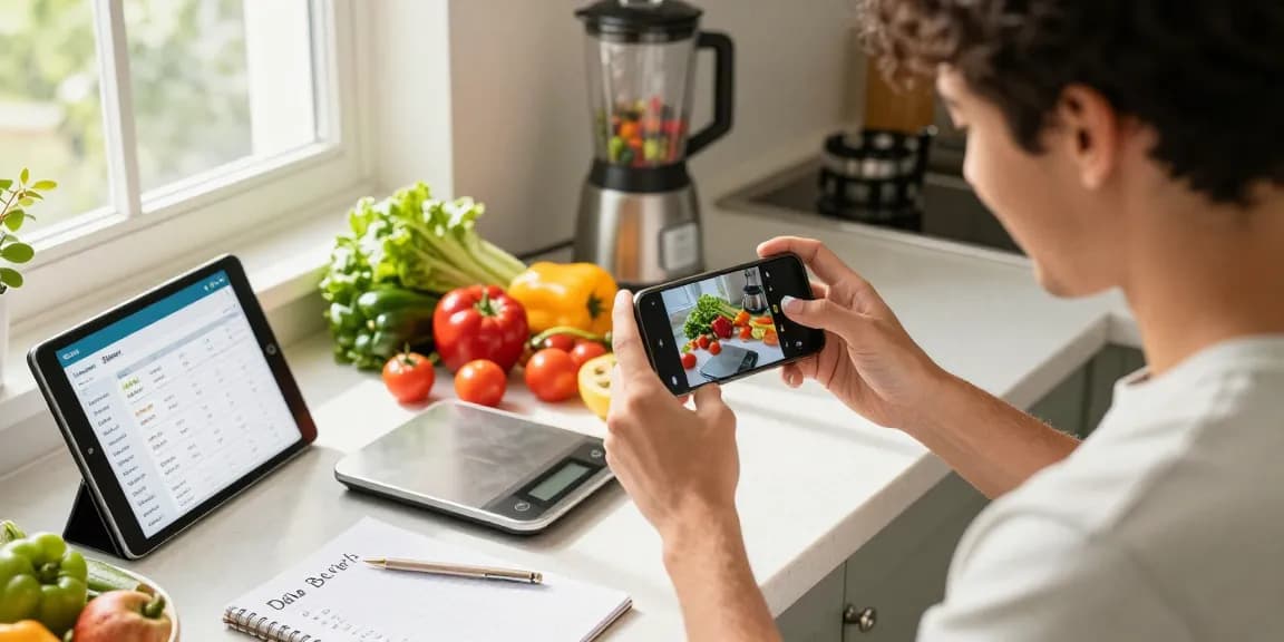 Preparing a meal with the best calorie tracker app open on the table, showcasing healthy ingredients and nutrition.