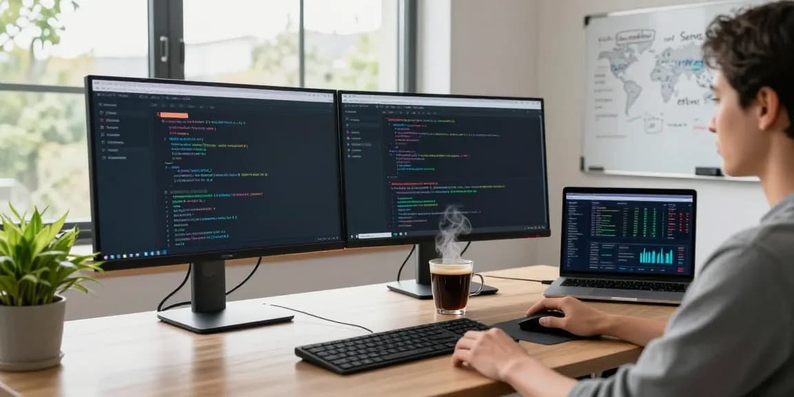 快连 user in a modern workspace connecting to global networks using a VPN app with dual monitors and natural light.