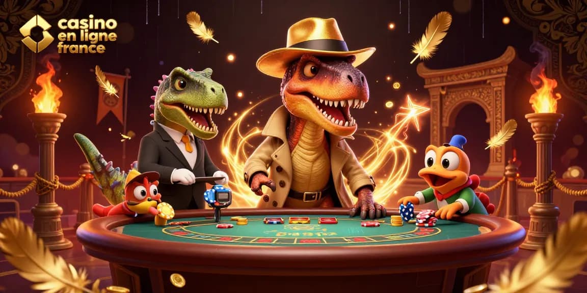 Action de gagner au casino en ligne France avec un velociraptor et un pit boss, ambiance animée.