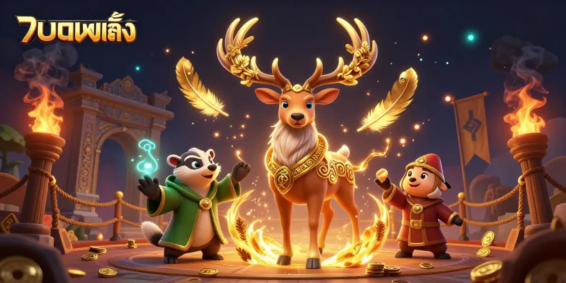 แทงบอลเต็ง sports betting scene with a druid stag, badger, and magical elements.