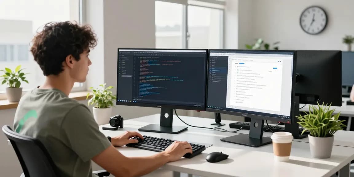 快连 software development workspace with a developer coding on dual monitors in a bright, modern office environment.
