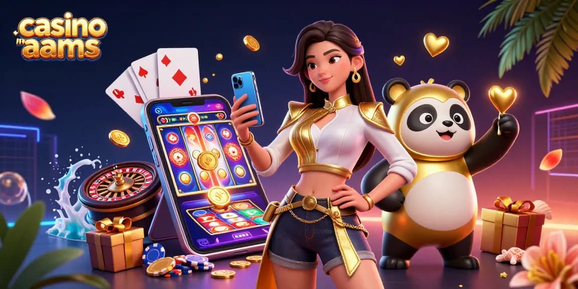 Scopri l'emozione dei casino non aams con un'illustrazione vibrante in 3D di una donna e un panda che giocano.