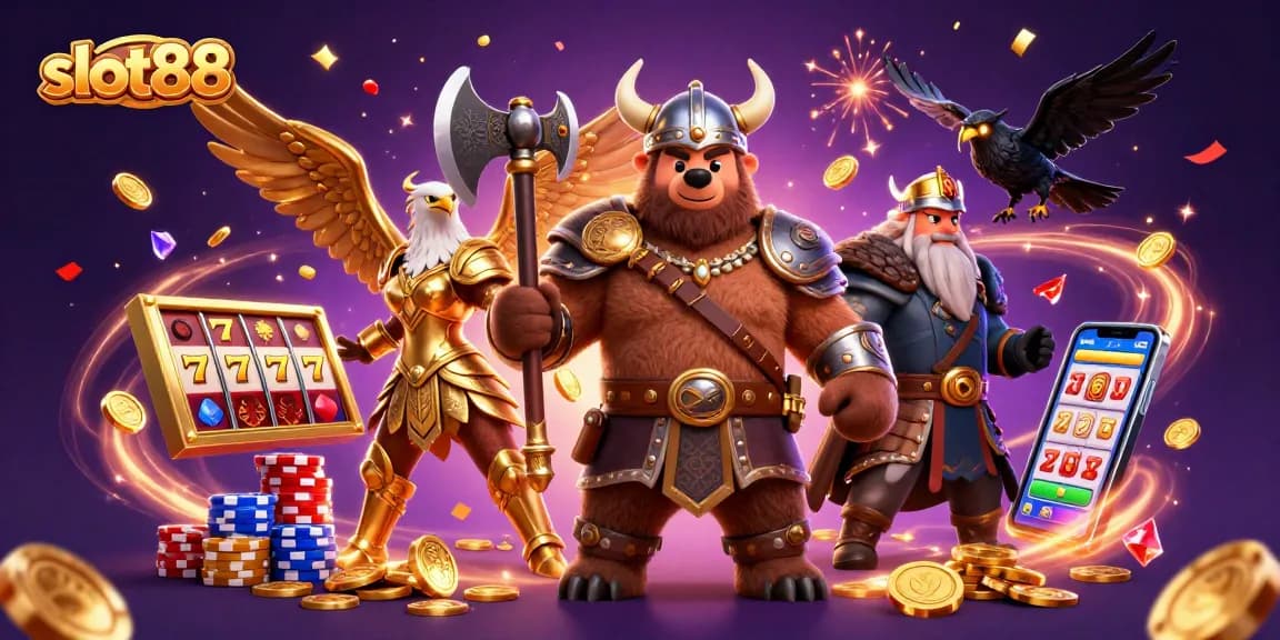 Play slot88 with a dynamic 3D illustration depicting a Viking berserker and Valkyrie, surrounded by golden coins and slot reels.