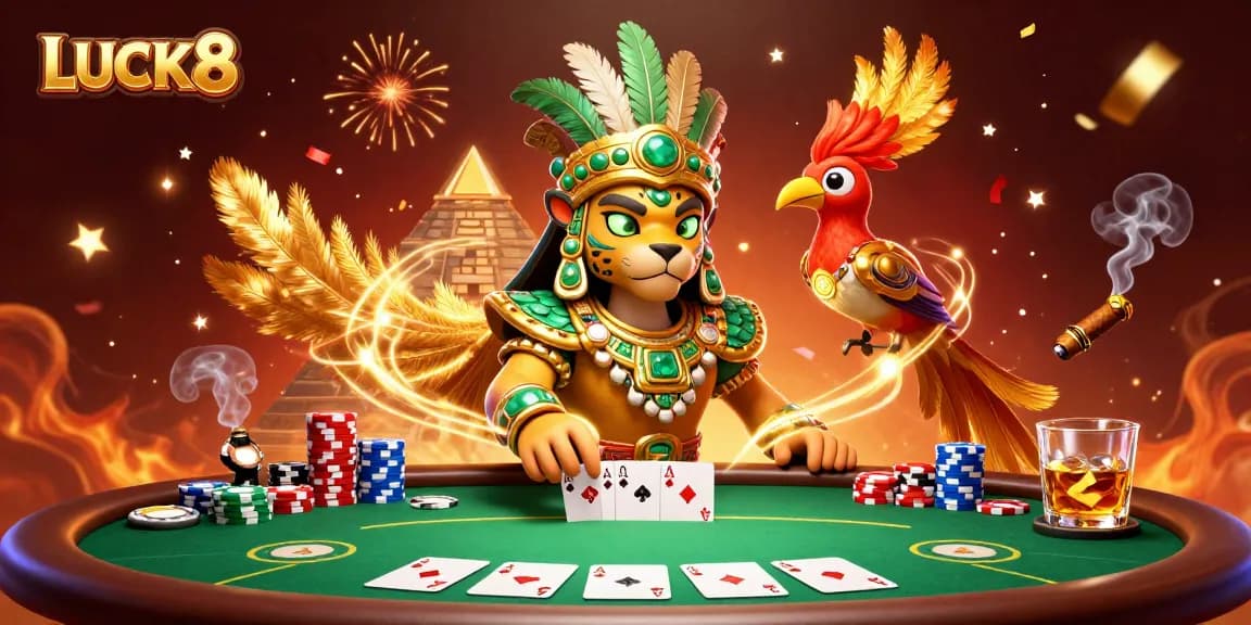 Engage in thrilling gameplay at LUCK8, featuring a vibrant casino atmosphere filled with poker elements.