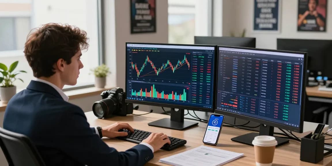 Analyzing OKX Exchange reviews at a modern trading desk with digital displays.