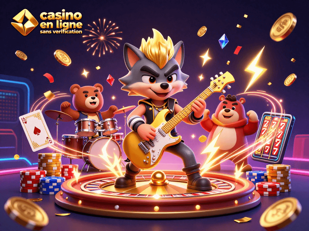 Jouez avec un casino en ligne sans vérification : illustration engageante avec des personnages d'animaux sur une scène festive.