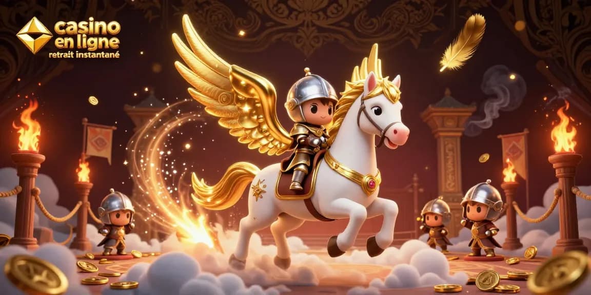 Casino en ligne retrait instantané avec un cheval céleste et un chevalier charmant dans un décor de jeu captivant.