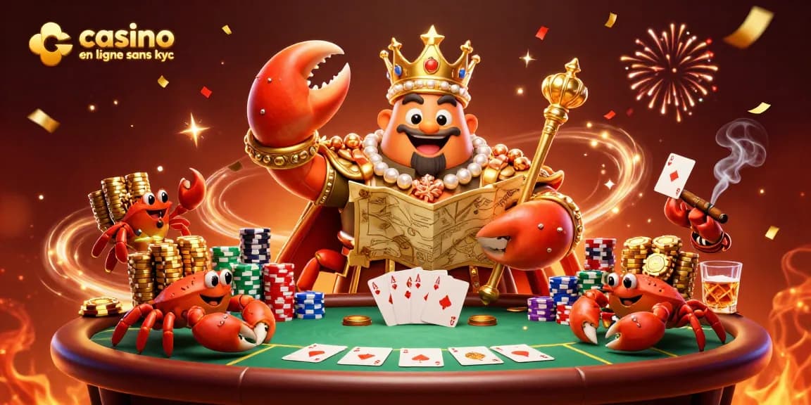 Illustration dynamique d'un crabe empereur doré avec un sceptre et une carte au trésor, accompagnée de personnages de casino, représentant le casino en ligne sans KYC.