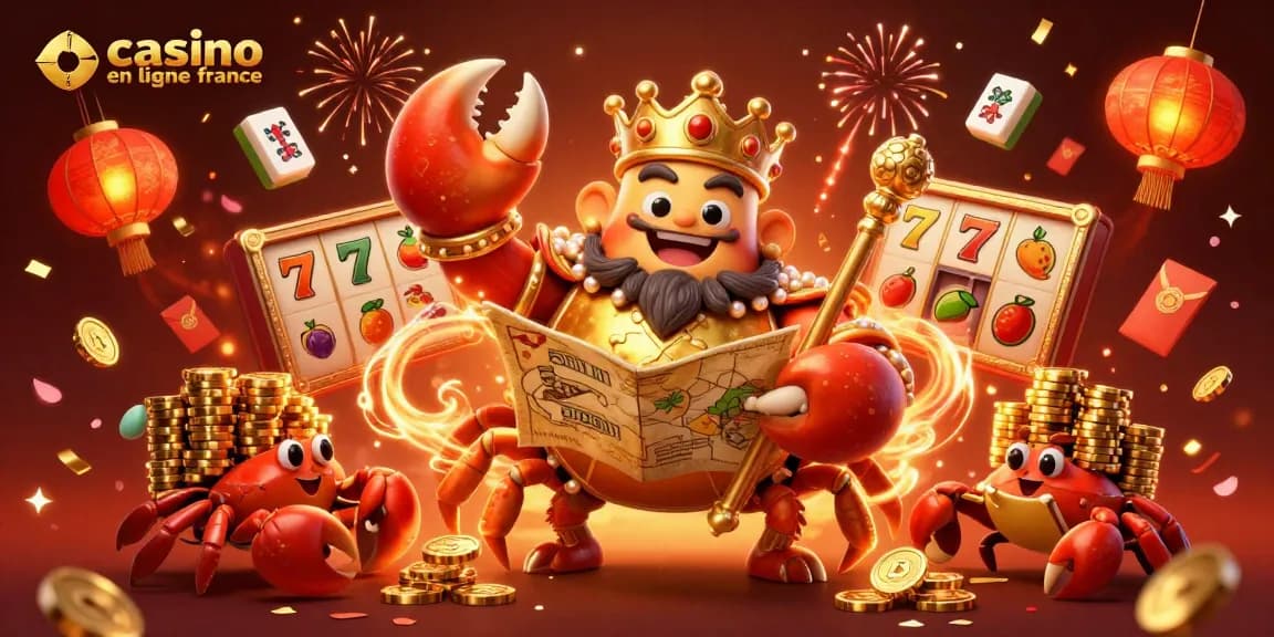 Découvrez l'univers des jeux de casino en ligne France avec un crabe royal et des éléments festifs.