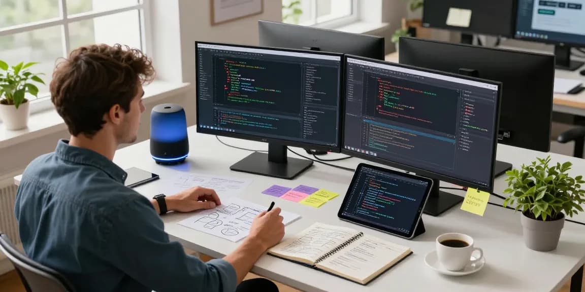 How does AI work depicted in a modern software development workspace with an engineer coding on multiple screens and brainstorming notes.