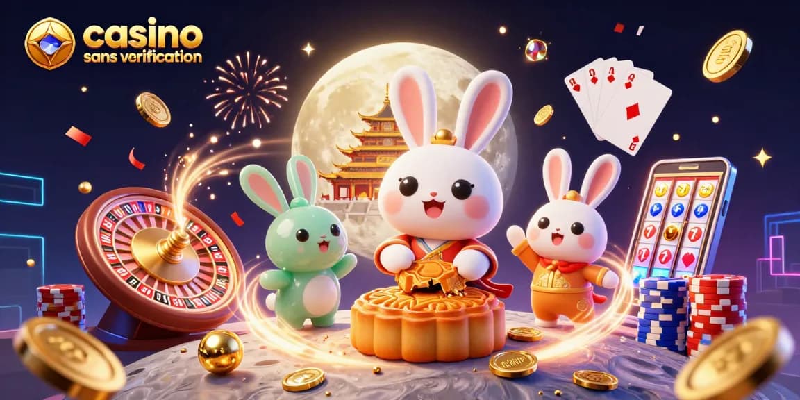 Jouez au casino sans vérification avec des chips de poker et des jeux colorés dans un décor festif.