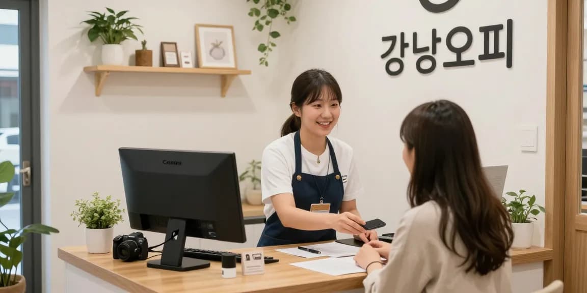 Gangnam오피 trusted OP service provider in a welcoming local business environment, featuring a friendly staff member assisting customers.