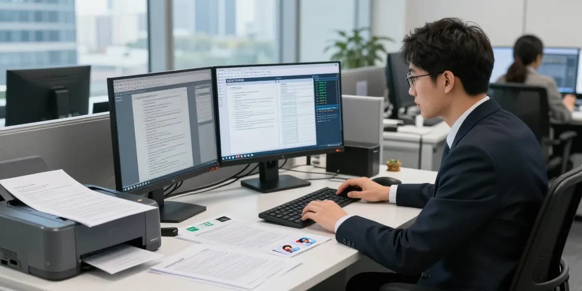 Forensic analyst conducting document fraud detection analysis with dual monitors in a modern office setting.