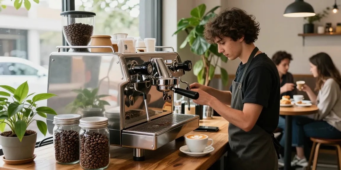 Experience rokok88 with expert barista crafting espresso in vibrant café.