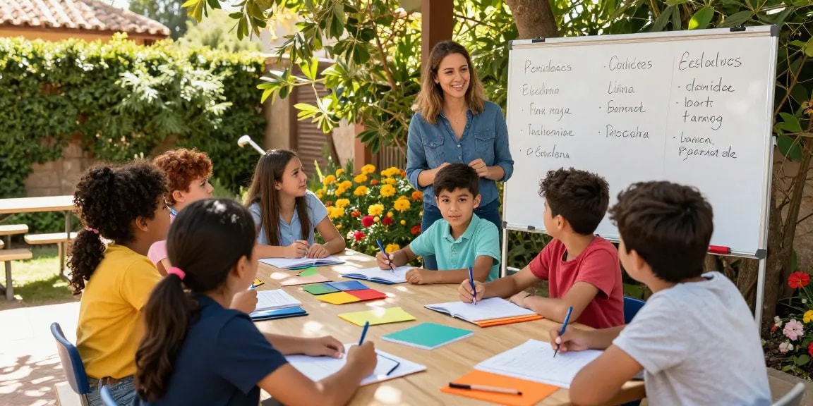 Cursos de español en España impartidos en un aula al aire libre con estudiantes comprometidos y materiales de aprendizaje vibrantes.
