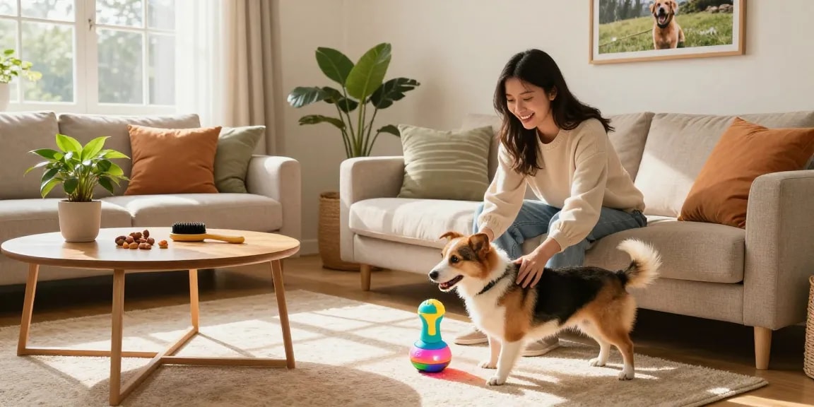NAGA2000 interactive pet toy enhances bonding in a cozy living room with a happy dog.
