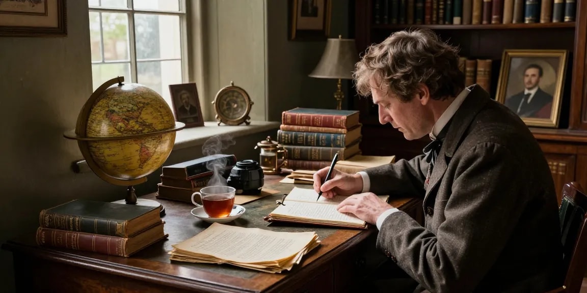 Engaging researcher at antique desk writing about Tynte's Castle, showcasing historical narrative exploration at https://tyntescastle.com