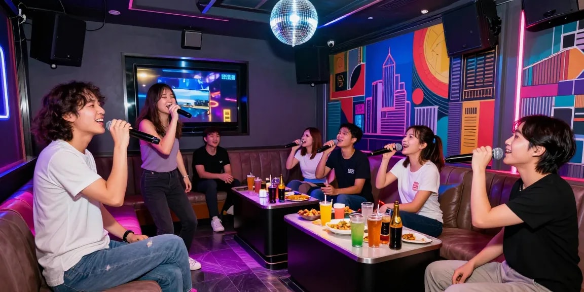 Group enjoying 강남가라오케 with lively singing and colorful ambiance
